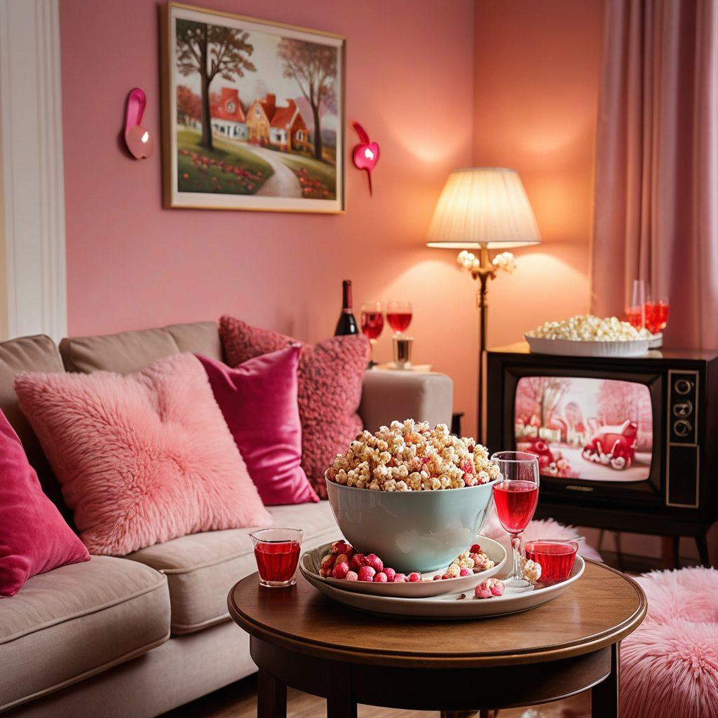 A cozy living room setting with a vintage television displaying a romantic scene from a classic love story. Surround the TV with heart-shaped decorations, softly glowing fairy lights, and plush cushions. Include a bowl of popcorn and two glasses of sparkling grape juice to evoke a warm, affectionate mood. Emphasize a pink and red color palette, symbolizing love and romance. super-realistic. vibrant colors. cozy atmosphere.