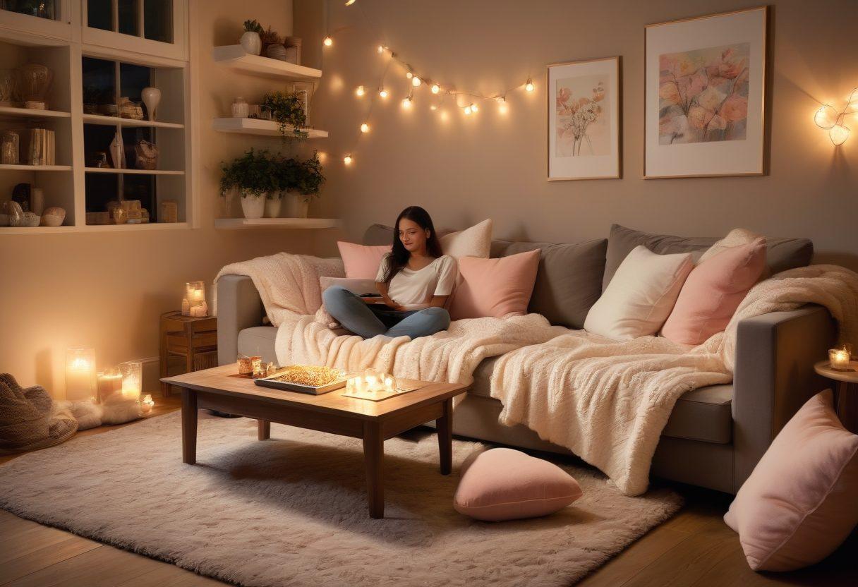 A cozy living room setting with a plush sofa, adorned with heart-shaped cushions and fairy lights, where a couple is wrapped in a blanket, giggling while watching romantic shows on a laptop. A bowl of popcorn sits beside them, and a heart-shaped rug adds warmth to the scene. Soft pastel colors and a dreamy atmosphere enhance the romantic vibe. painting. soft colors. warm lighting.